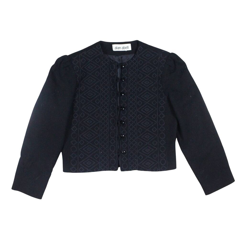 Alan Abell black jacket jaquard cropped military style button front sz S vtg 90s